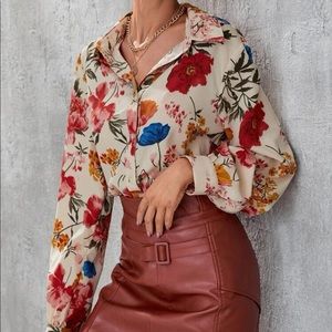Floral blouse button collar shirt summer spring top flower long sleeve shirt